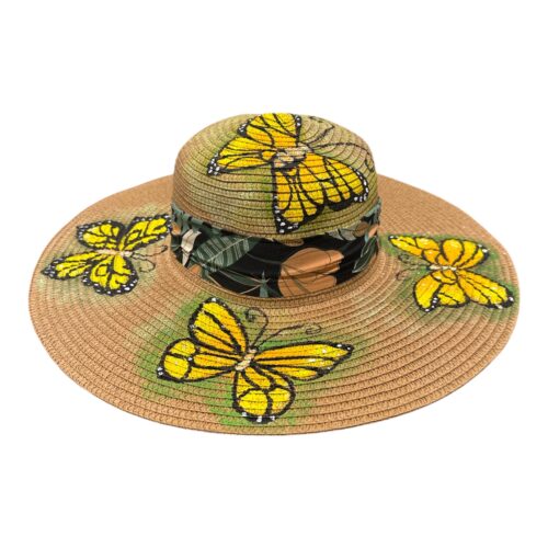 Sun Straw Hat Foldable Packable Floppy Beach Hats Hand-Painted Monarch Butterfly Hat