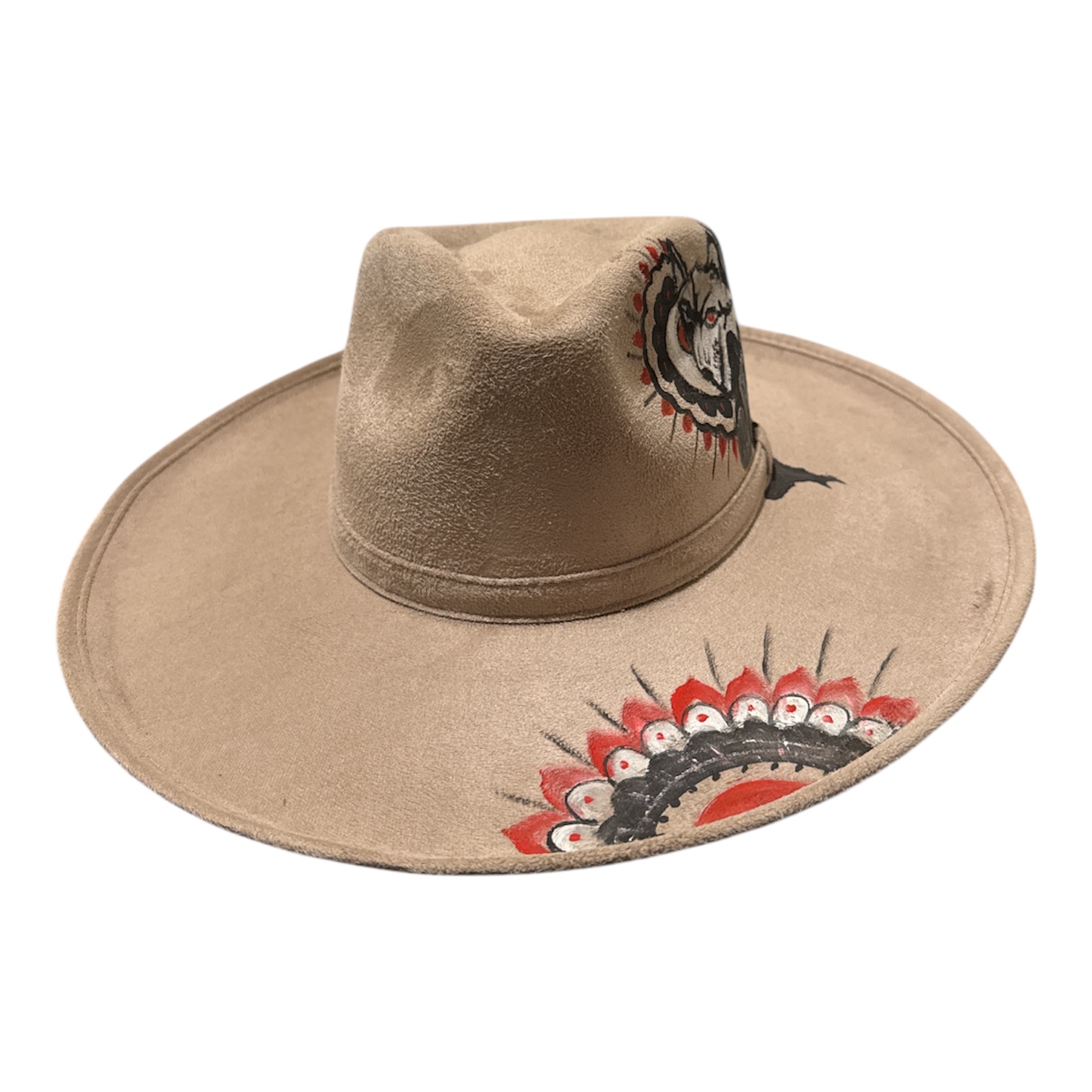Hand-Painted Wolf Fedora – Wide Brim Unisex Felt Panama Hat