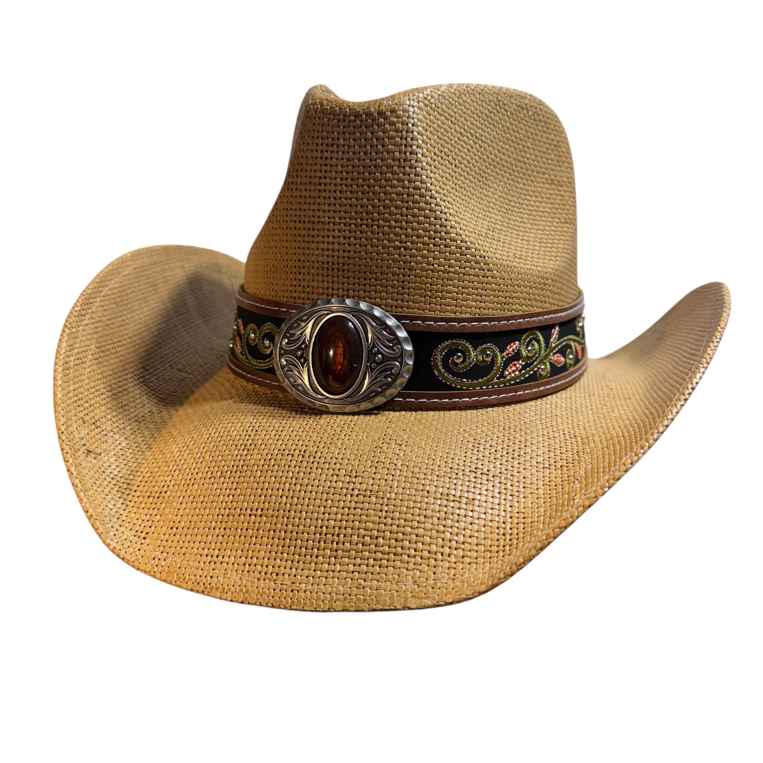 Floral Embroidered Straw Cowgirl Hat – Western Cowboy Hat with Decorative Band