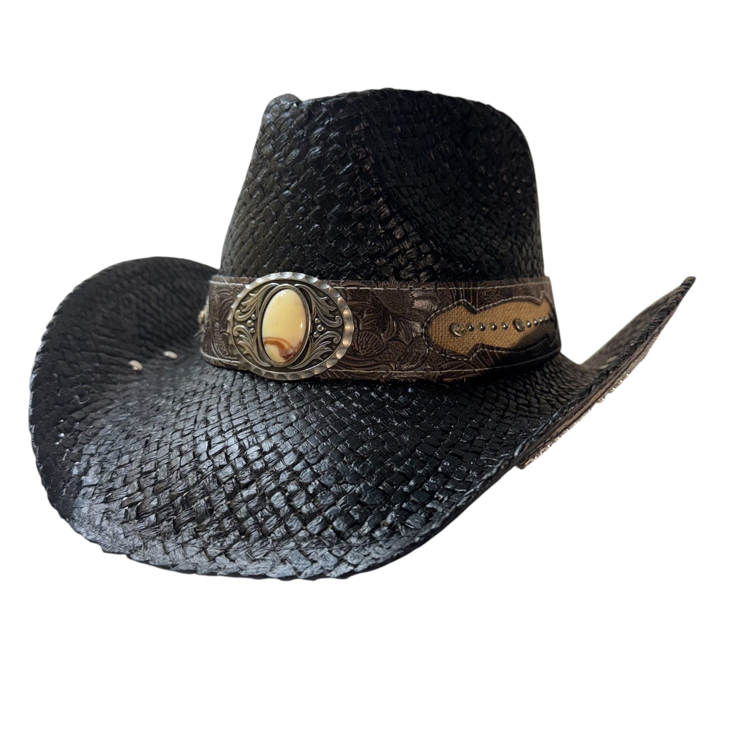 Western Straw Cowboy Hat with Decorative Band – Cowgirl Hat with Metal Accents