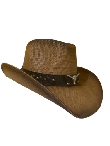 Straw Cowboy Hat with Longhorn Band – Western Style for Men - Women Brown - Image 3