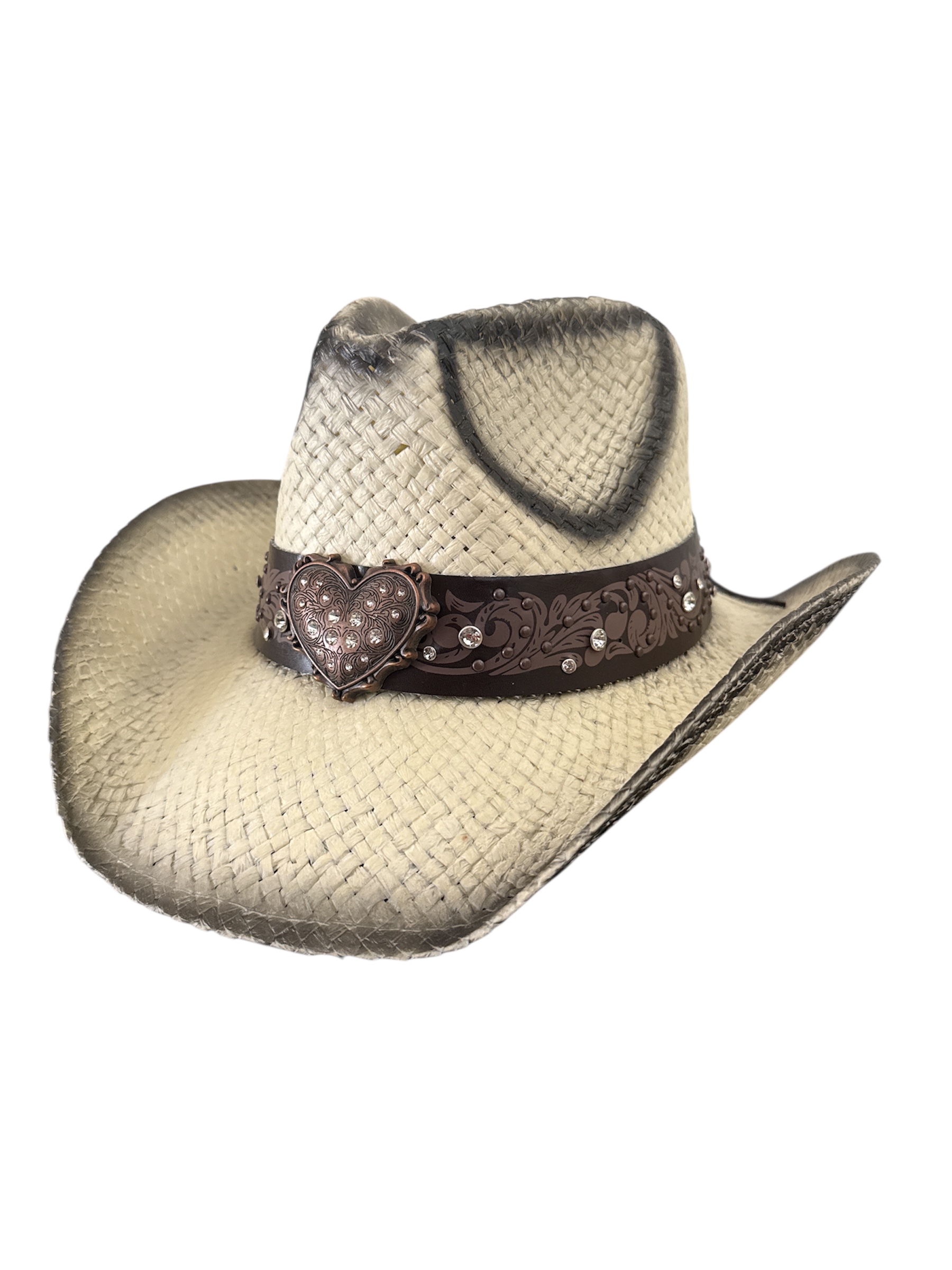 Straw Cowgirl Hat with Rhinestone Heart – Sparkly Western Cowboy Hat