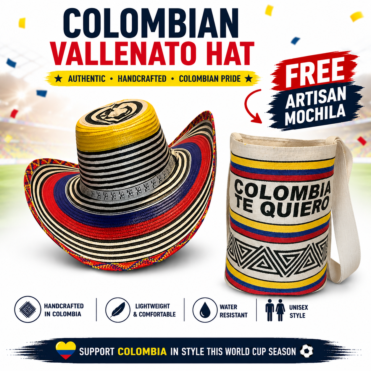 Traditional Colombian Vallenato Tricolor Hat + Free Mochila – Sombrero Colombiano